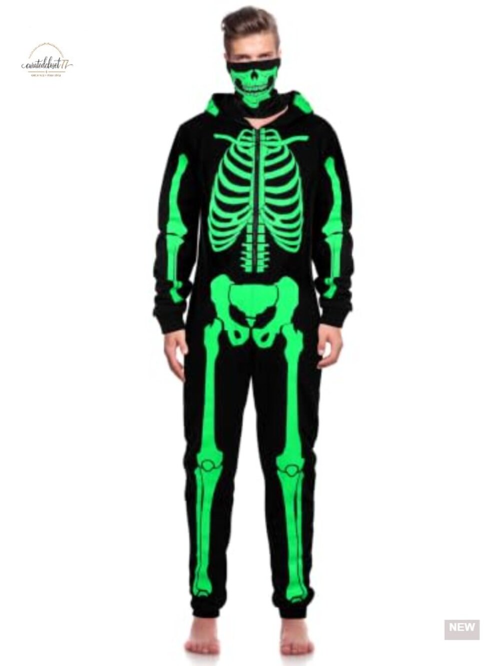 Men Halloween Skeleton Onesie Glow in the Dark Jumpsuit with Skull Face Cover